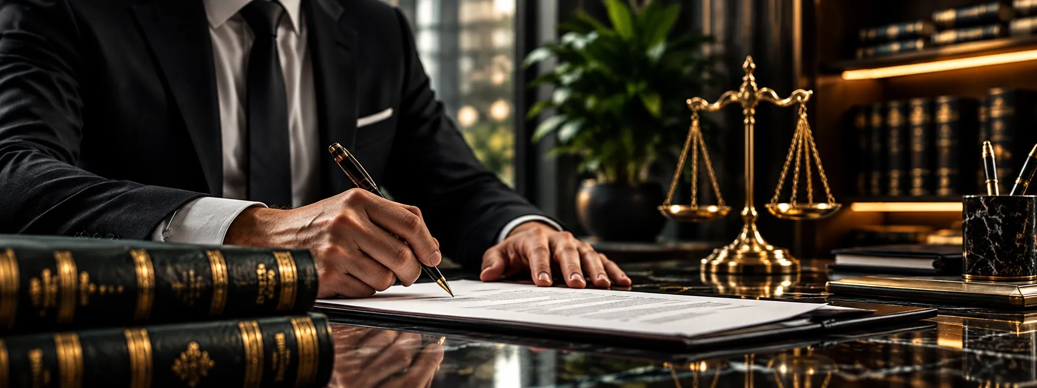 Un avocat en costume annote un document à son bureau, près d’une balance de la justice dorée