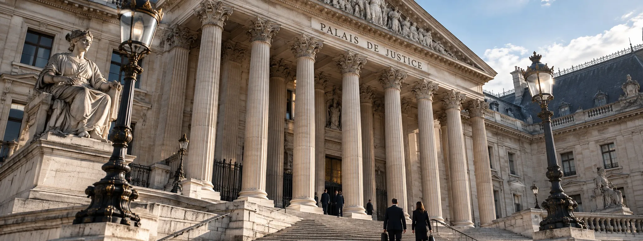 Deux avocats montent les marches d’un palais de justice à colonnades